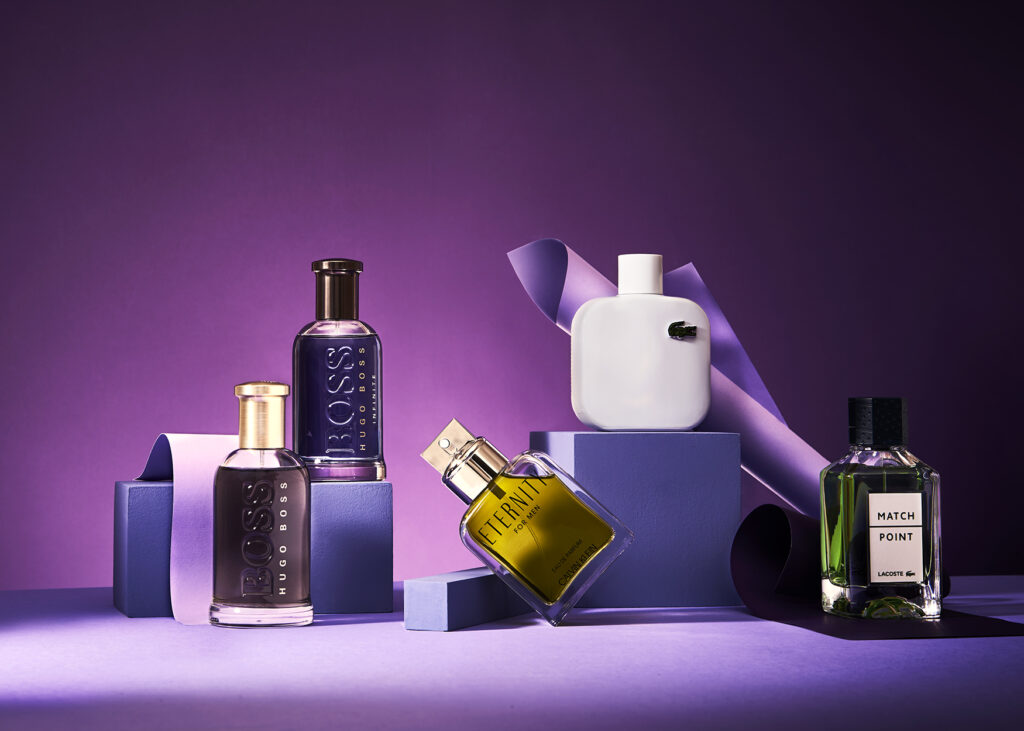 Commercial fragrance still life photography. Purple, bold and vibrant imagery. Photography credits to Charlie Goodge Photography